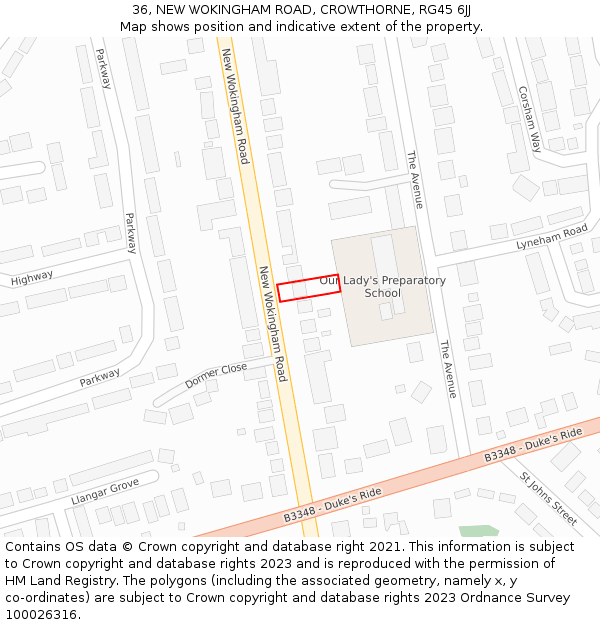 36, NEW WOKINGHAM ROAD, CROWTHORNE, RG45 6JJ: Location map and indicative extent of plot