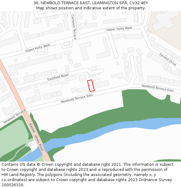 36, NEWBOLD TERRACE EAST, LEAMINGTON SPA, CV32 4EY: Location map and indicative extent of plot