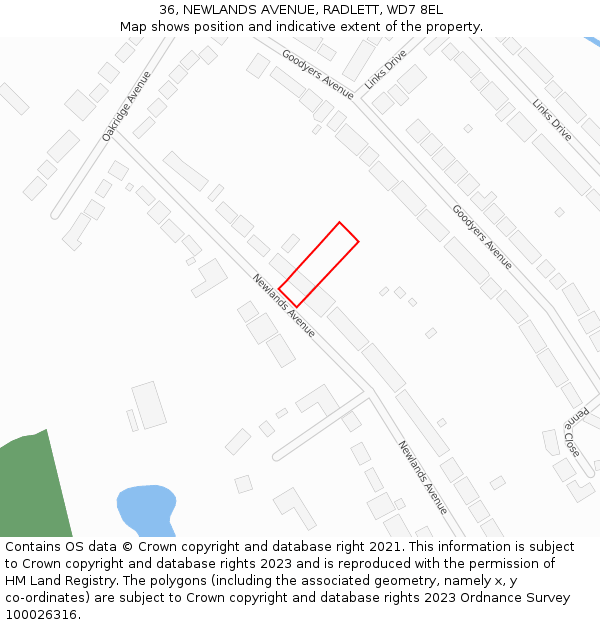 36, NEWLANDS AVENUE, RADLETT, WD7 8EL: Location map and indicative extent of plot