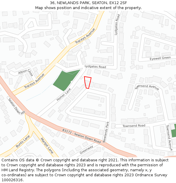 36, NEWLANDS PARK, SEATON, EX12 2SF: Location map and indicative extent of plot