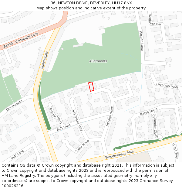 36, NEWTON DRIVE, BEVERLEY, HU17 8NX: Location map and indicative extent of plot