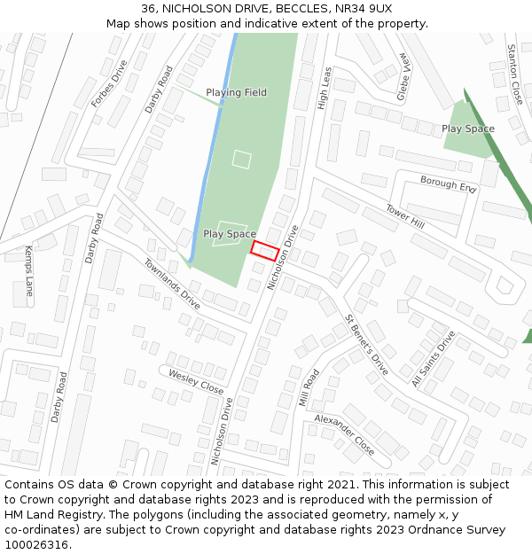 36, NICHOLSON DRIVE, BECCLES, NR34 9UX: Location map and indicative extent of plot