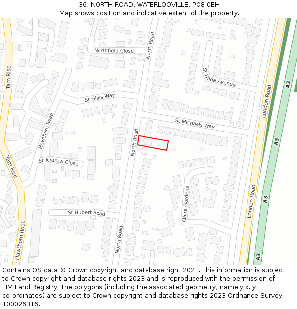 36, NORTH ROAD, WATERLOOVILLE, PO8 0EH: Location map and indicative extent of plot