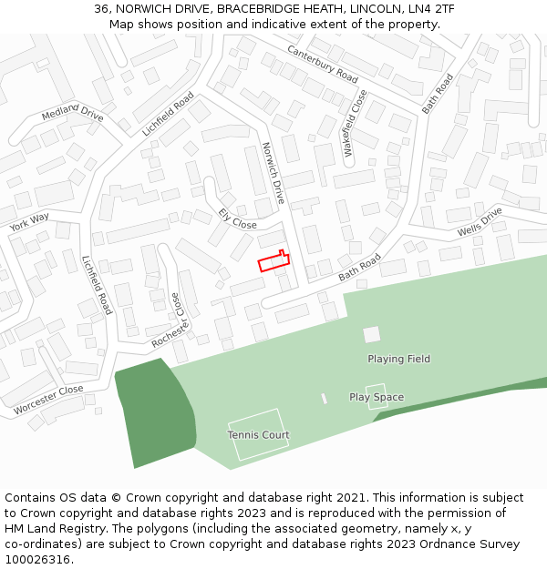 36, NORWICH DRIVE, BRACEBRIDGE HEATH, LINCOLN, LN4 2TF: Location map and indicative extent of plot