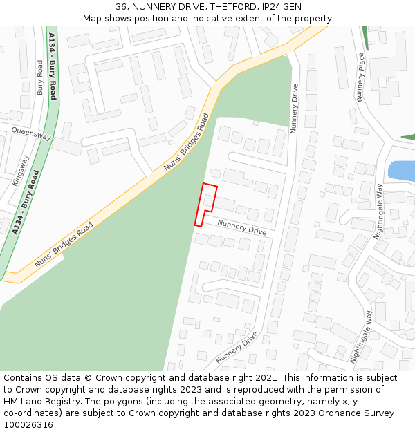 36, NUNNERY DRIVE, THETFORD, IP24 3EN: Location map and indicative extent of plot