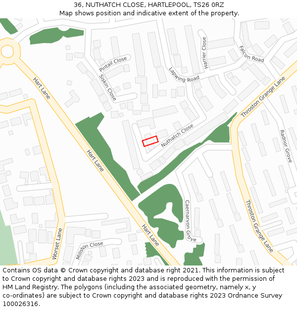 36, NUTHATCH CLOSE, HARTLEPOOL, TS26 0RZ: Location map and indicative extent of plot