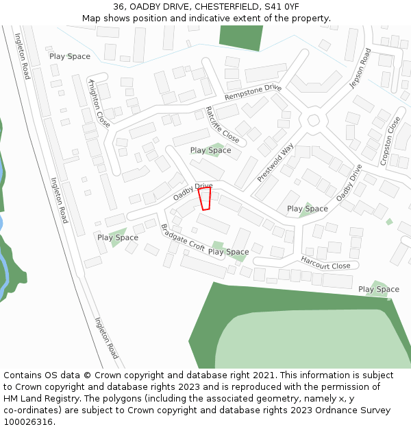 36, OADBY DRIVE, CHESTERFIELD, S41 0YF: Location map and indicative extent of plot