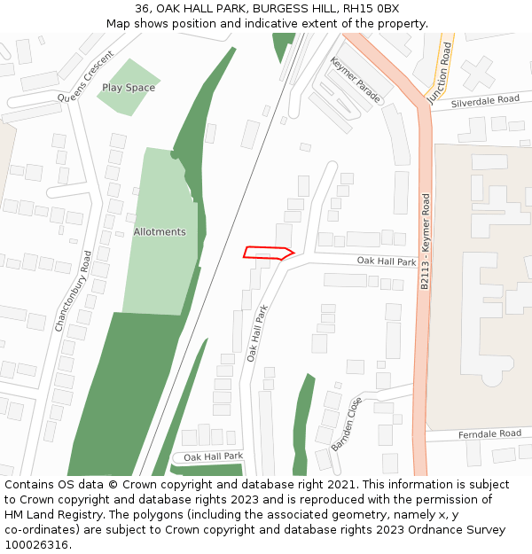 36, OAK HALL PARK, BURGESS HILL, RH15 0BX: Location map and indicative extent of plot