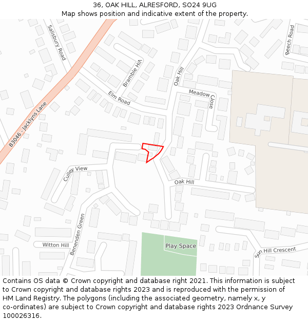 36, OAK HILL, ALRESFORD, SO24 9UG: Location map and indicative extent of plot