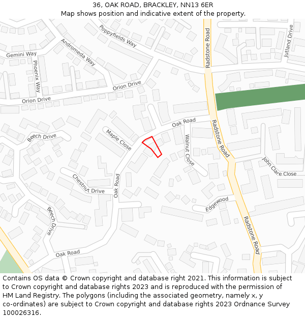 36, OAK ROAD, BRACKLEY, NN13 6ER: Location map and indicative extent of plot