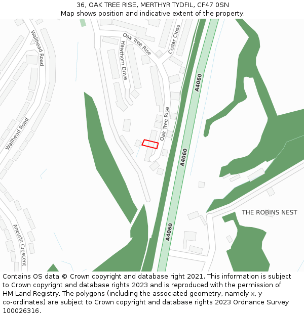 36, OAK TREE RISE, MERTHYR TYDFIL, CF47 0SN: Location map and indicative extent of plot