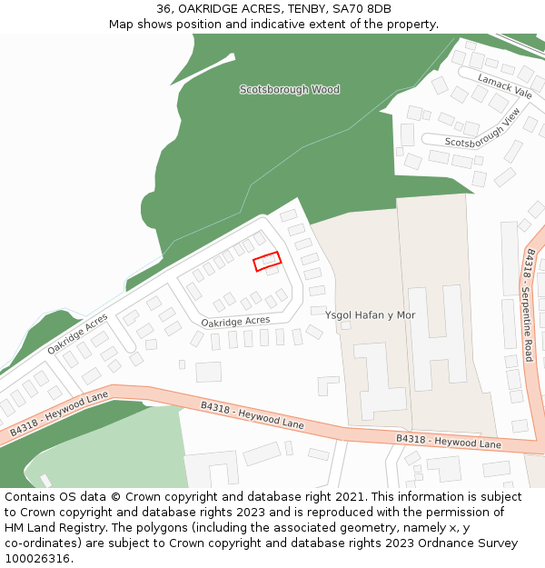 36, OAKRIDGE ACRES, TENBY, SA70 8DB: Location map and indicative extent of plot