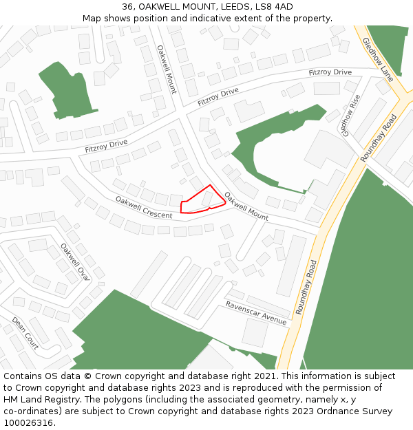 36, OAKWELL MOUNT, LEEDS, LS8 4AD: Location map and indicative extent of plot