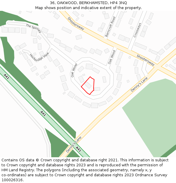 36, OAKWOOD, BERKHAMSTED, HP4 3NQ: Location map and indicative extent of plot