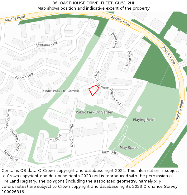 36, OASTHOUSE DRIVE, FLEET, GU51 2UL: Location map and indicative extent of plot