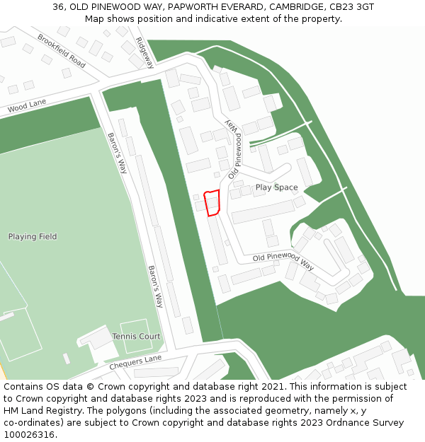 36, OLD PINEWOOD WAY, PAPWORTH EVERARD, CAMBRIDGE, CB23 3GT: Location map and indicative extent of plot