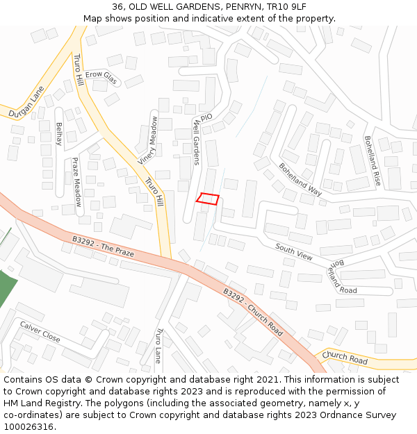 36, OLD WELL GARDENS, PENRYN, TR10 9LF: Location map and indicative extent of plot