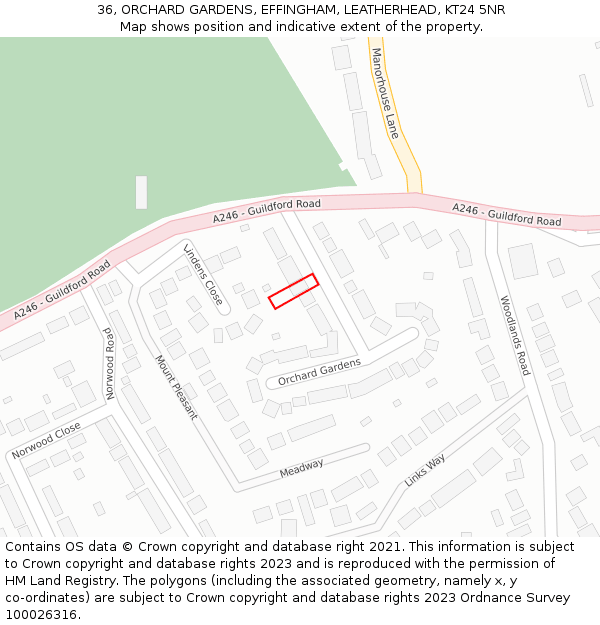 36, ORCHARD GARDENS, EFFINGHAM, LEATHERHEAD, KT24 5NR: Location map and indicative extent of plot