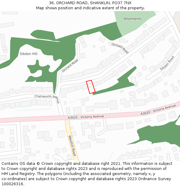 36, ORCHARD ROAD, SHANKLIN, PO37 7NX: Location map and indicative extent of plot