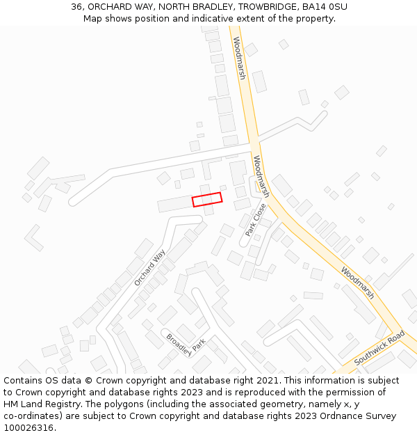 36, ORCHARD WAY, NORTH BRADLEY, TROWBRIDGE, BA14 0SU: Location map and indicative extent of plot