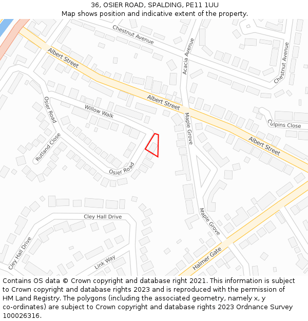 36, OSIER ROAD, SPALDING, PE11 1UU: Location map and indicative extent of plot