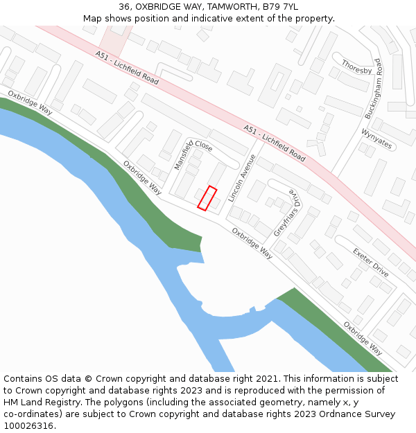 36, OXBRIDGE WAY, TAMWORTH, B79 7YL: Location map and indicative extent of plot