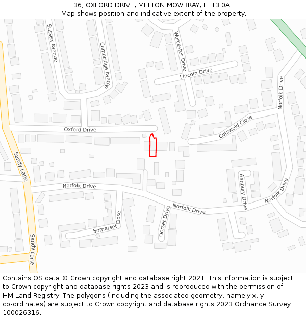 36, OXFORD DRIVE, MELTON MOWBRAY, LE13 0AL: Location map and indicative extent of plot