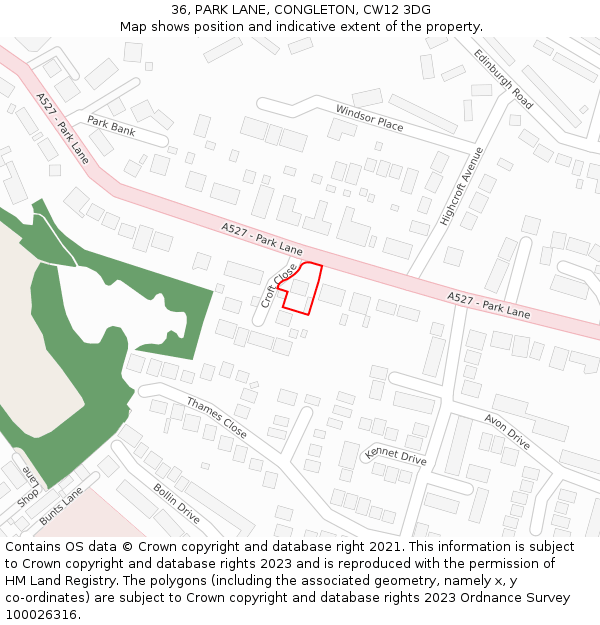 36, PARK LANE, CONGLETON, CW12 3DG: Location map and indicative extent of plot