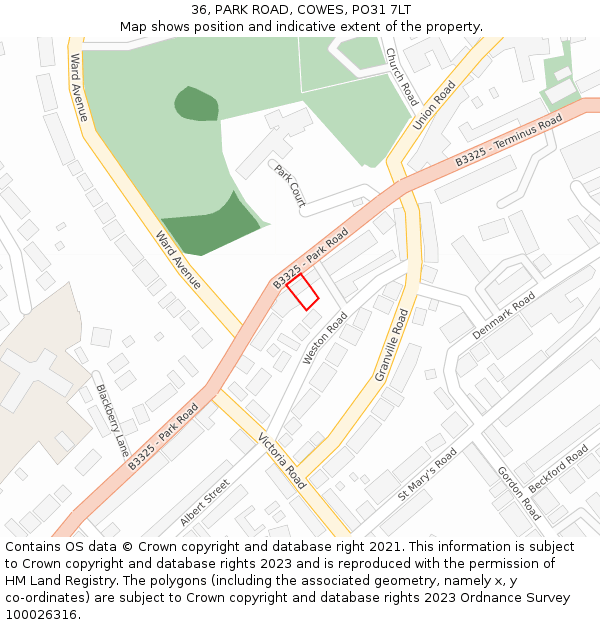 36, PARK ROAD, COWES, PO31 7LT: Location map and indicative extent of plot