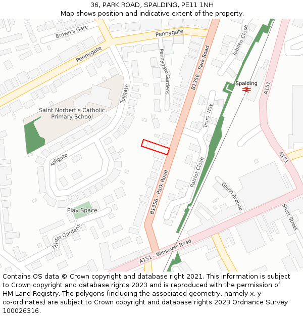 36, PARK ROAD, SPALDING, PE11 1NH: Location map and indicative extent of plot