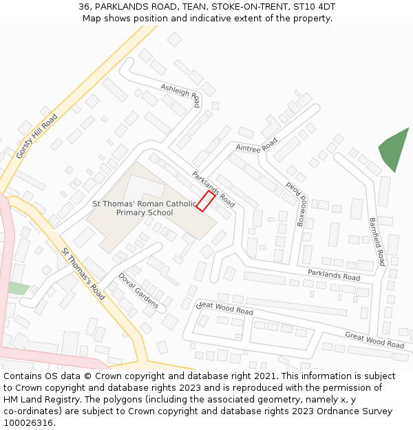36, PARKLANDS ROAD, TEAN, STOKE-ON-TRENT, ST10 4DT: Location map and indicative extent of plot