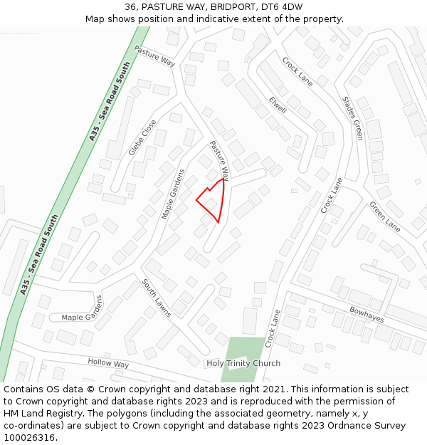 36, PASTURE WAY, BRIDPORT, DT6 4DW: Location map and indicative extent of plot