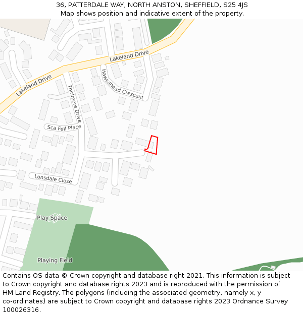 36, PATTERDALE WAY, NORTH ANSTON, SHEFFIELD, S25 4JS: Location map and indicative extent of plot