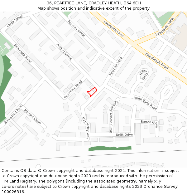 36, PEARTREE LANE, CRADLEY HEATH, B64 6EH: Location map and indicative extent of plot