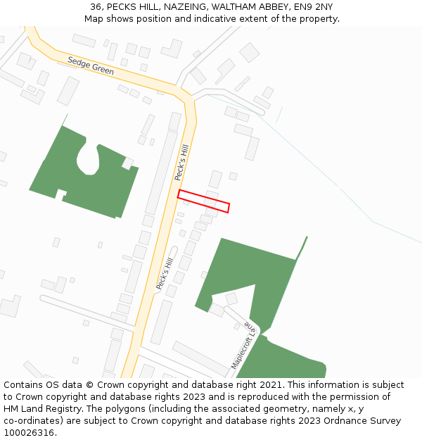 36, PECKS HILL, NAZEING, WALTHAM ABBEY, EN9 2NY: Location map and indicative extent of plot