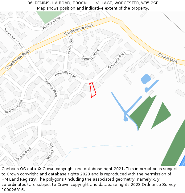 36, PENINSULA ROAD, BROCKHILL VILLAGE, WORCESTER, WR5 2SE: Location map and indicative extent of plot