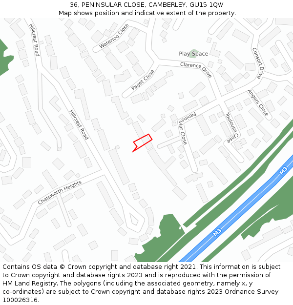 36, PENINSULAR CLOSE, CAMBERLEY, GU15 1QW: Location map and indicative extent of plot