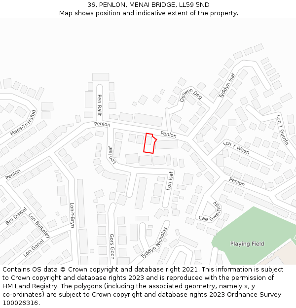36, PENLON, MENAI BRIDGE, LL59 5ND: Location map and indicative extent of plot