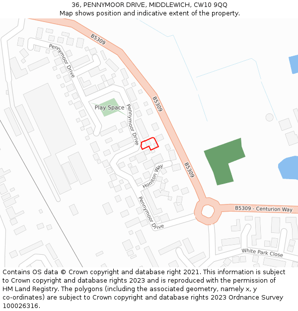 36, PENNYMOOR DRIVE, MIDDLEWICH, CW10 9QQ: Location map and indicative extent of plot