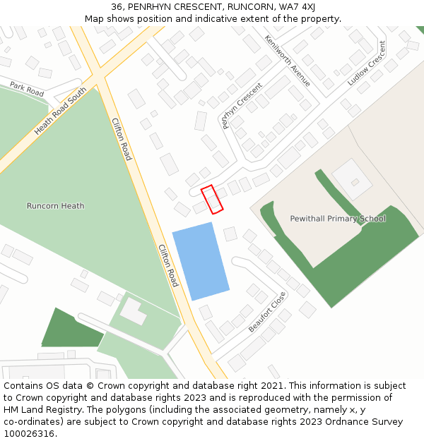 36, PENRHYN CRESCENT, RUNCORN, WA7 4XJ: Location map and indicative extent of plot