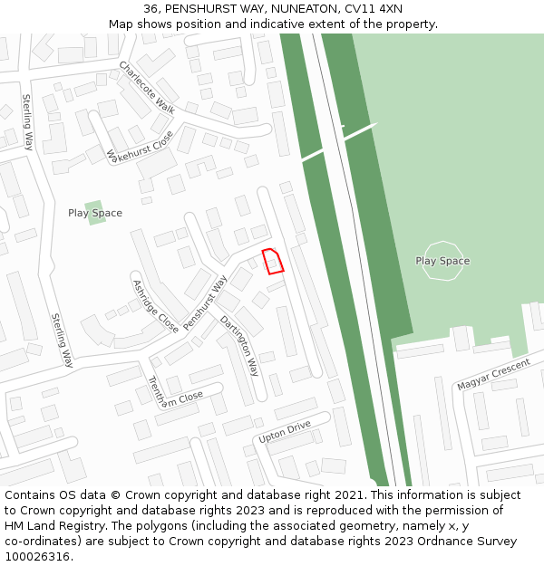 36, PENSHURST WAY, NUNEATON, CV11 4XN: Location map and indicative extent of plot