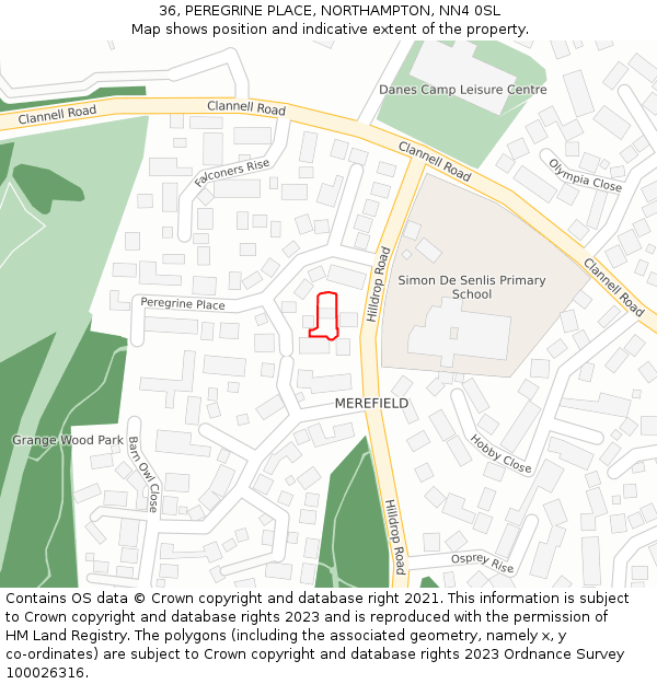 36, PEREGRINE PLACE, NORTHAMPTON, NN4 0SL: Location map and indicative extent of plot