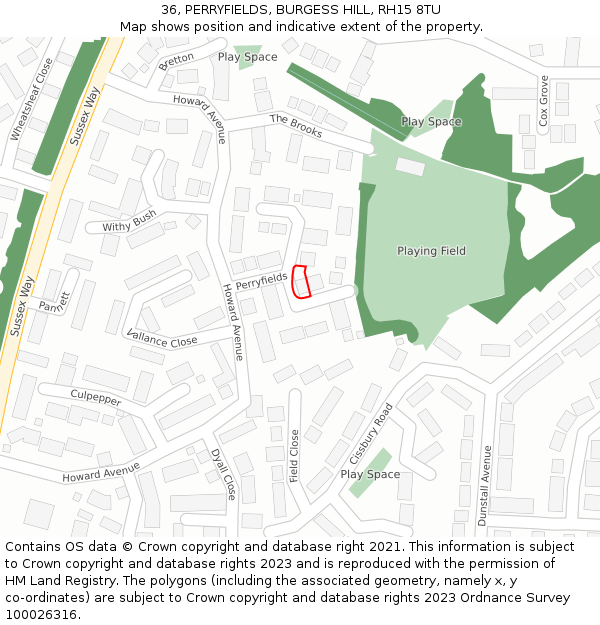 36, PERRYFIELDS, BURGESS HILL, RH15 8TU: Location map and indicative extent of plot