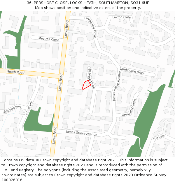 36, PERSHORE CLOSE, LOCKS HEATH, SOUTHAMPTON, SO31 6UF: Location map and indicative extent of plot