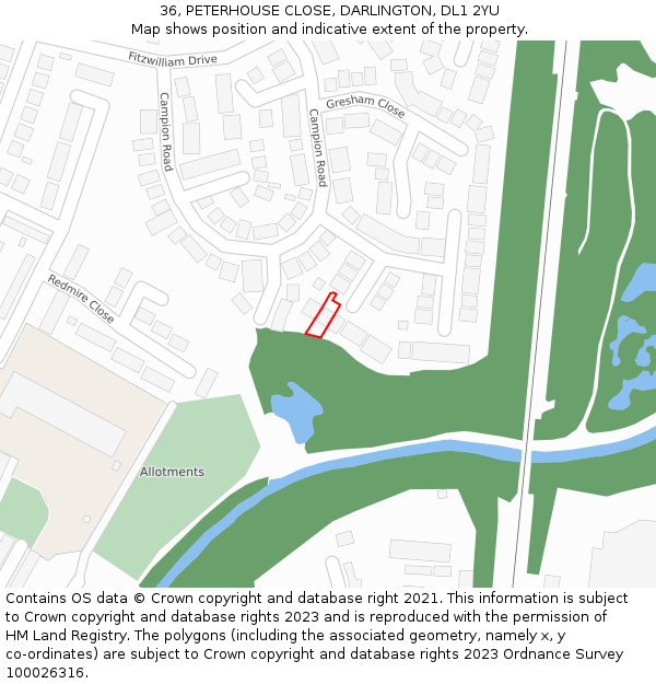 36, PETERHOUSE CLOSE, DARLINGTON, DL1 2YU: Location map and indicative extent of plot