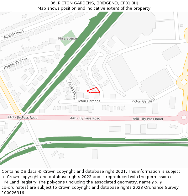 36, PICTON GARDENS, BRIDGEND, CF31 3HJ: Location map and indicative extent of plot