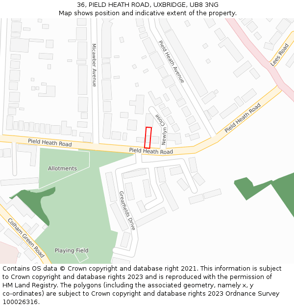 36, PIELD HEATH ROAD, UXBRIDGE, UB8 3NG: Location map and indicative extent of plot