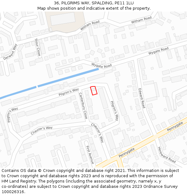 36, PILGRIMS WAY, SPALDING, PE11 1LU: Location map and indicative extent of plot