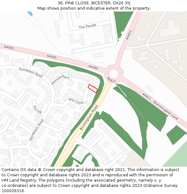 36, PINE CLOSE, BICESTER, OX26 3YJ: Location map and indicative extent of plot