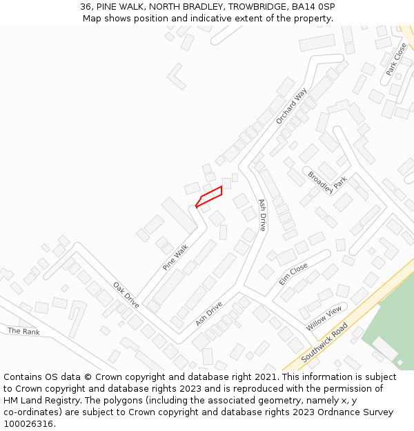 36, PINE WALK, NORTH BRADLEY, TROWBRIDGE, BA14 0SP: Location map and indicative extent of plot